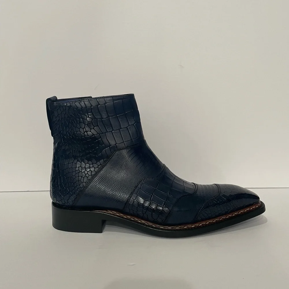 Emilio Franco boot navy Point toe leather calf croc/snake print